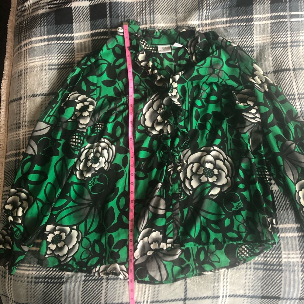 Plus size black and green blouse.